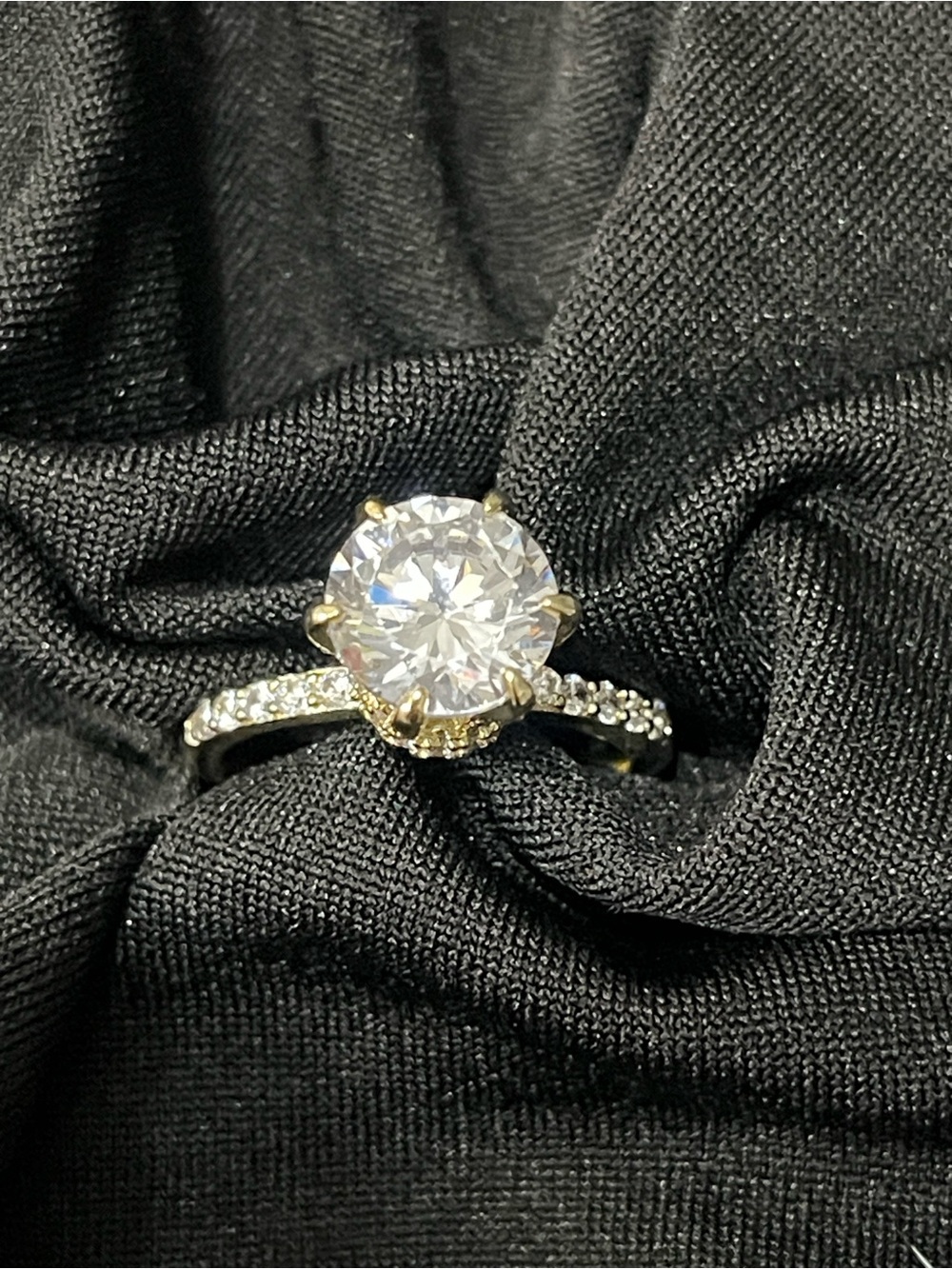 Gold-Tone Round CZ Solitaire Engagement Ring with Pavรฉ Band